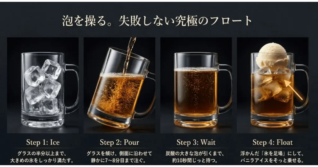 失敗しないルートビアフロートの作り方4ステップ(氷・注ぎ方・待ち時間・アイス乗せ)