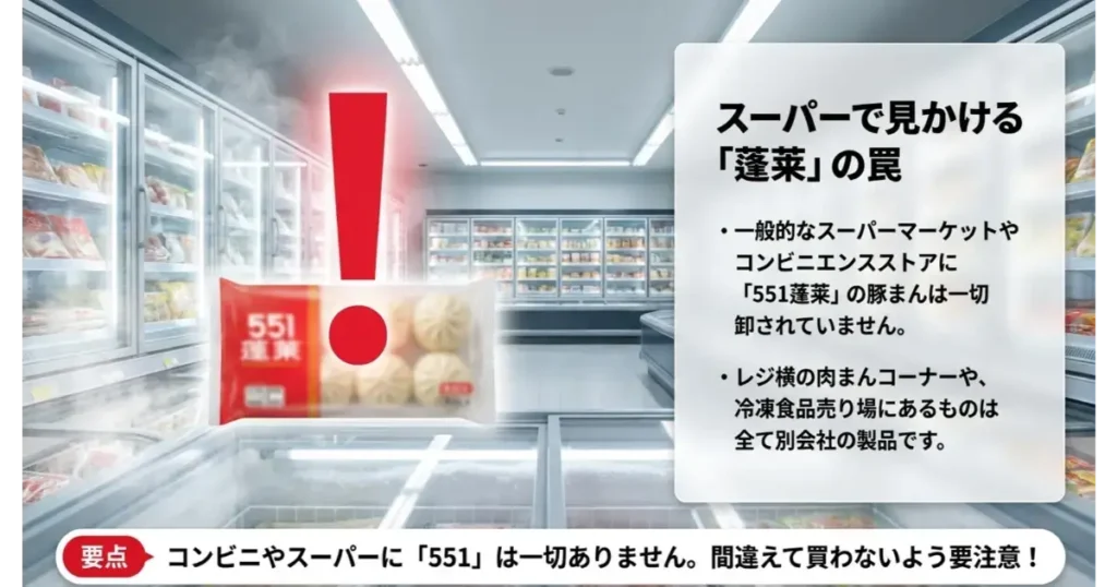 一般のスーパーやコンビニには551蓬莱の豚まんが卸されていないことを示す注意画像。