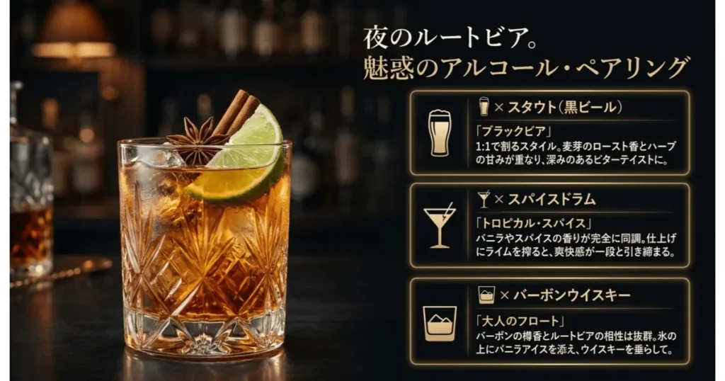 ルートビアと黒ビール・ラム・バーボンウイスキーを合わせた大人のアルコールペアリングレシピ
