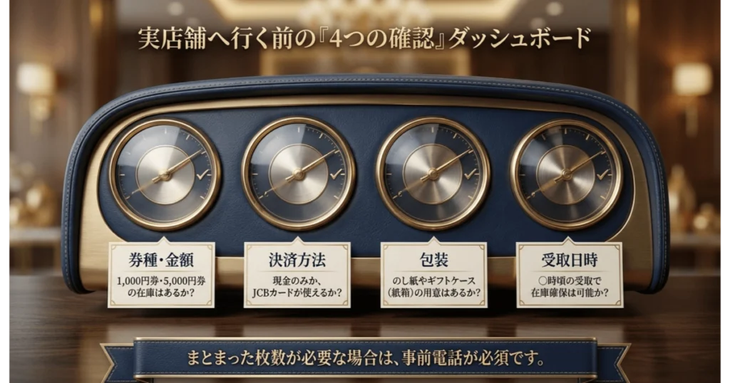 JCBギフトカードを実店舗へ買いに行く前の4つの確認項目(金種・決済方法・包装・受取日時)