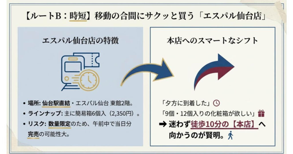 シーラカンスモナカをエスパル仙台店と本店で購入するルートと特徴の解説図