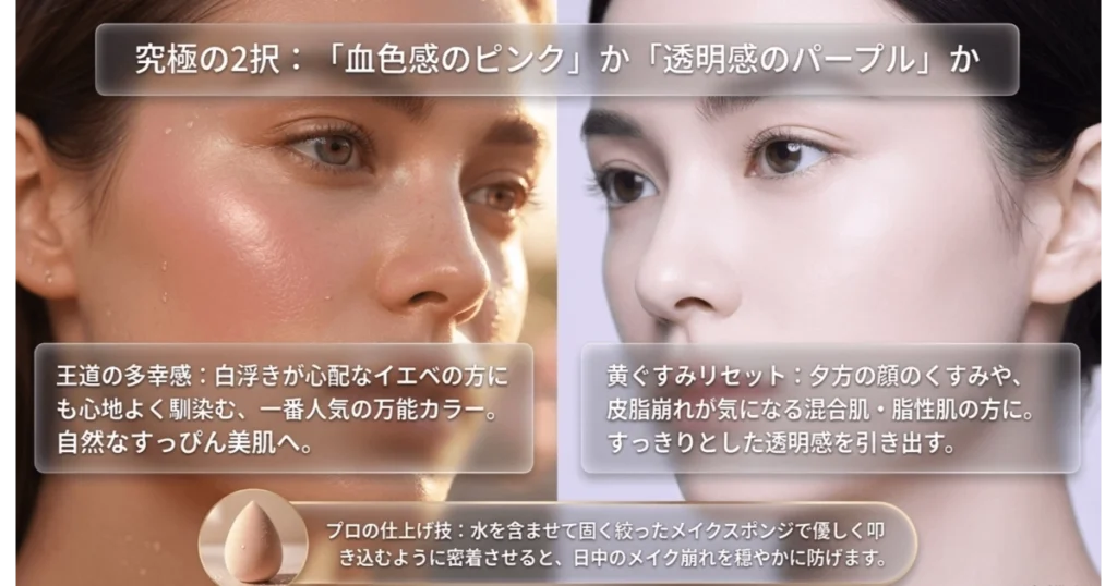ダルバ下地ピンクとパープルの仕上がり比較（血色感と透明感の選び方）