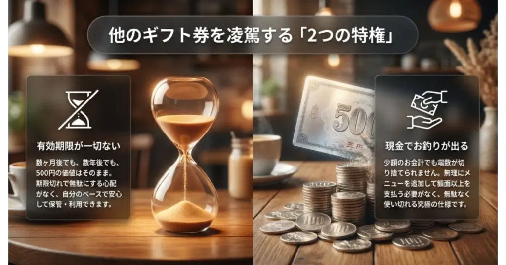 ジェフグルメカードのメリットである「有効期限なし」と「現金でお釣りが出る」2つの特徴の解説