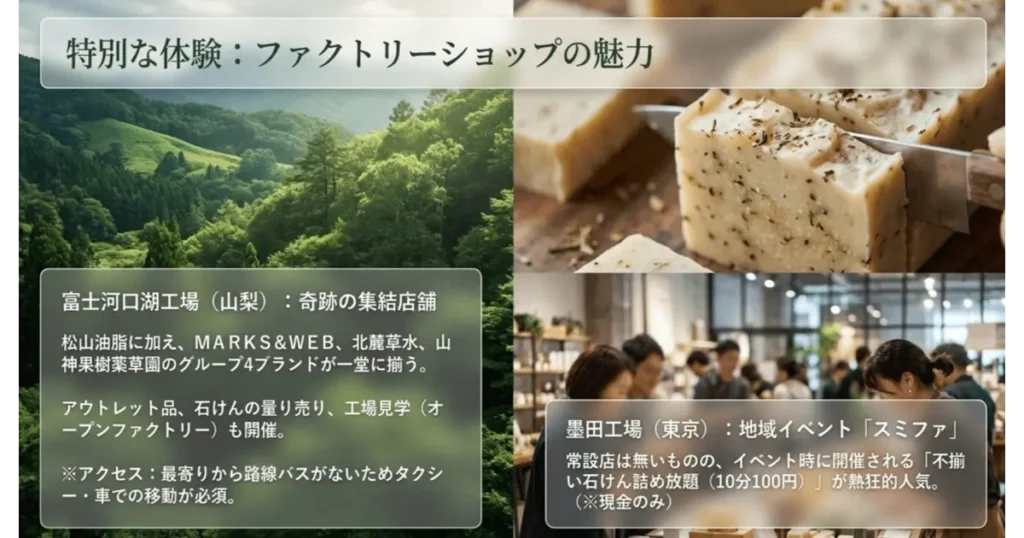 松山油脂のファクトリーショップ 富士河口湖工場と墨田工場の限定体験ガイド