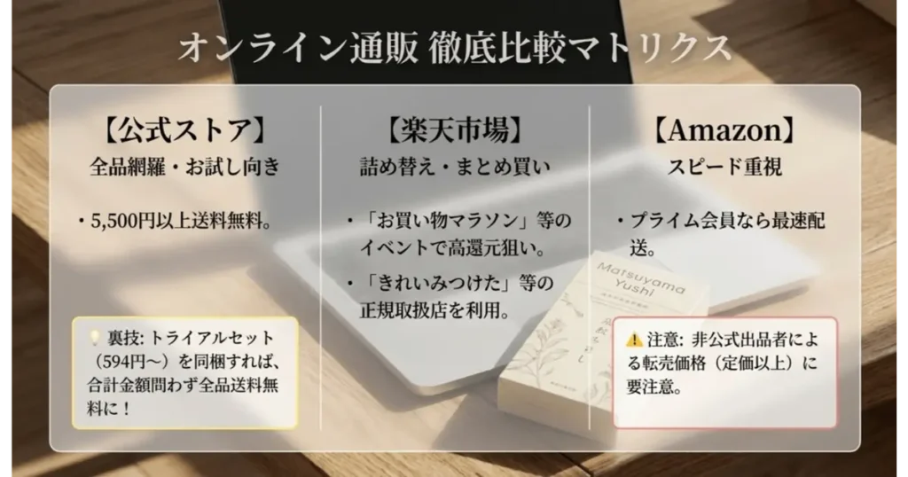 松山油脂のオンライン通販徹底比較マトリクス 公式ストア・楽天市場・Amazon
