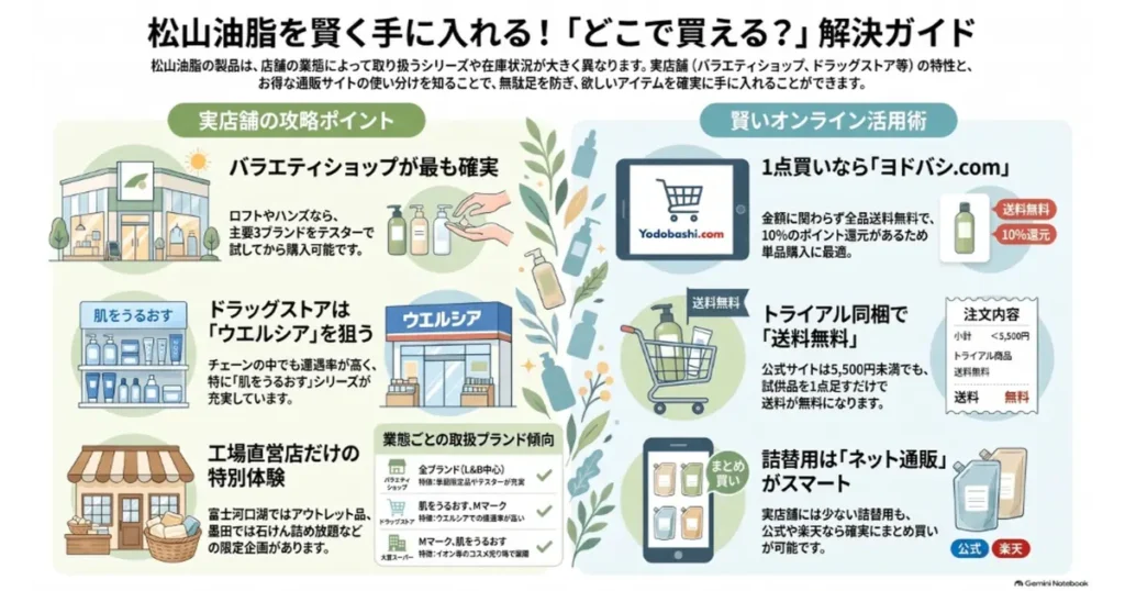 松山油脂を賢く手に入れる！どこで買える？解決ガイドのインフォグラフィック