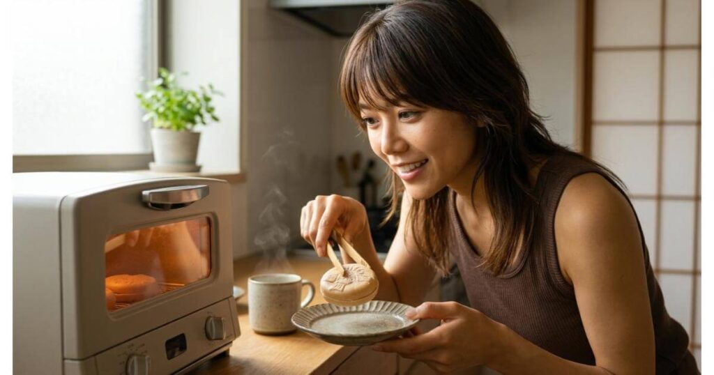 トースターで温めてリベイクした美味しいシーラカンスモナカをお皿に乗せる様子