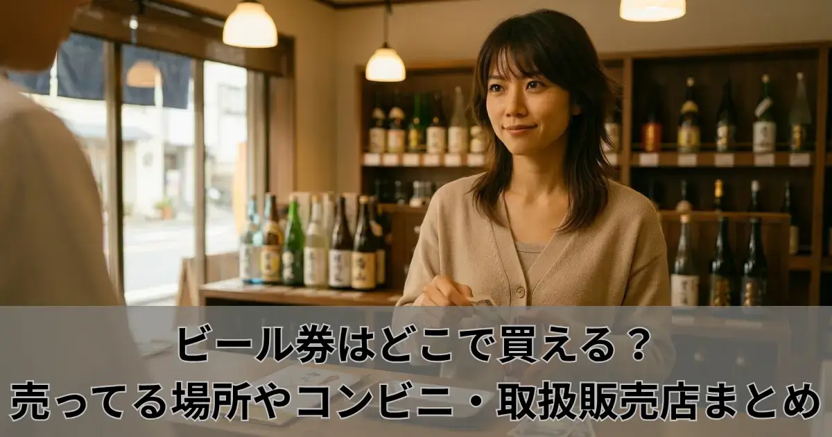 酒屋のカウンターで現金を取り出してビール券を購入する女性