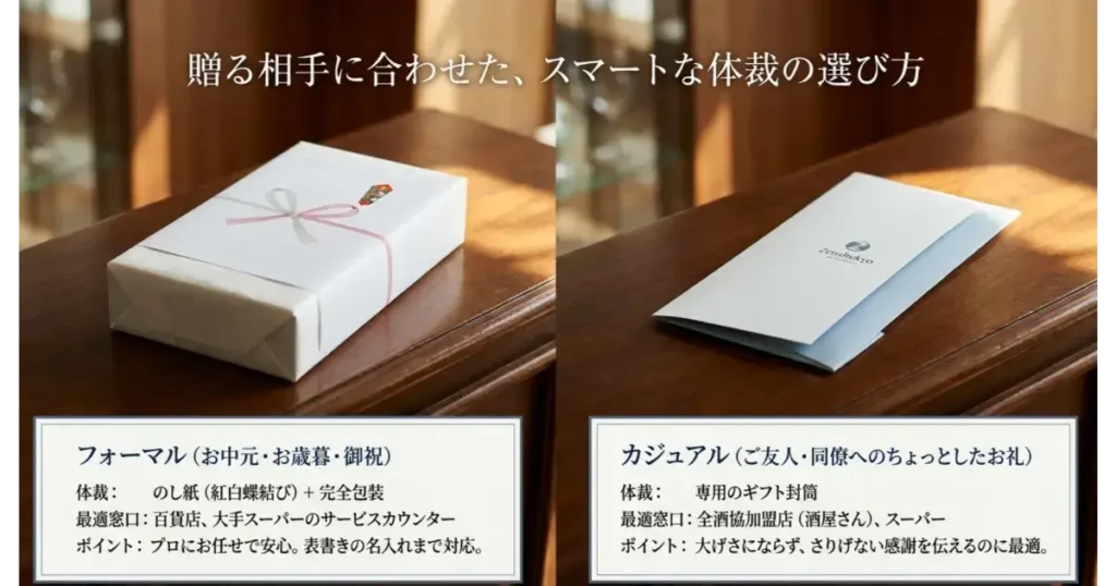 ビール券のフォーマルなのし包装とカジュアルな専用ギフト封筒の比較