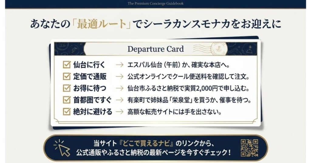 シーラカンスモナカの購入方法と状況別おすすめルートのまとめチェックリスト図