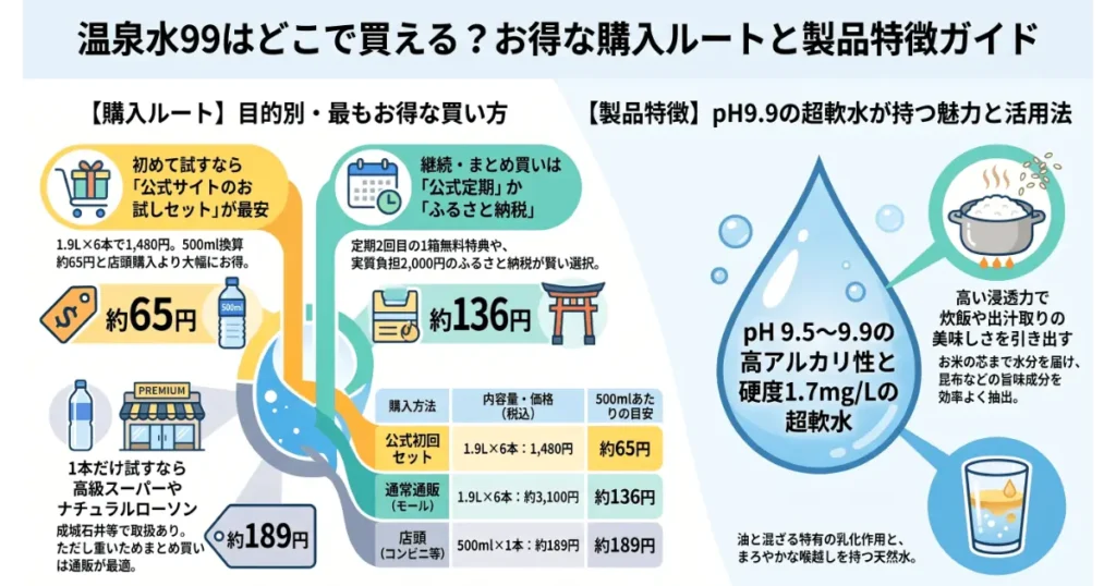 温泉水99はどこで買えるかまとめた購入ルート・最安値比較と超軟水の特徴インフォグラフィック