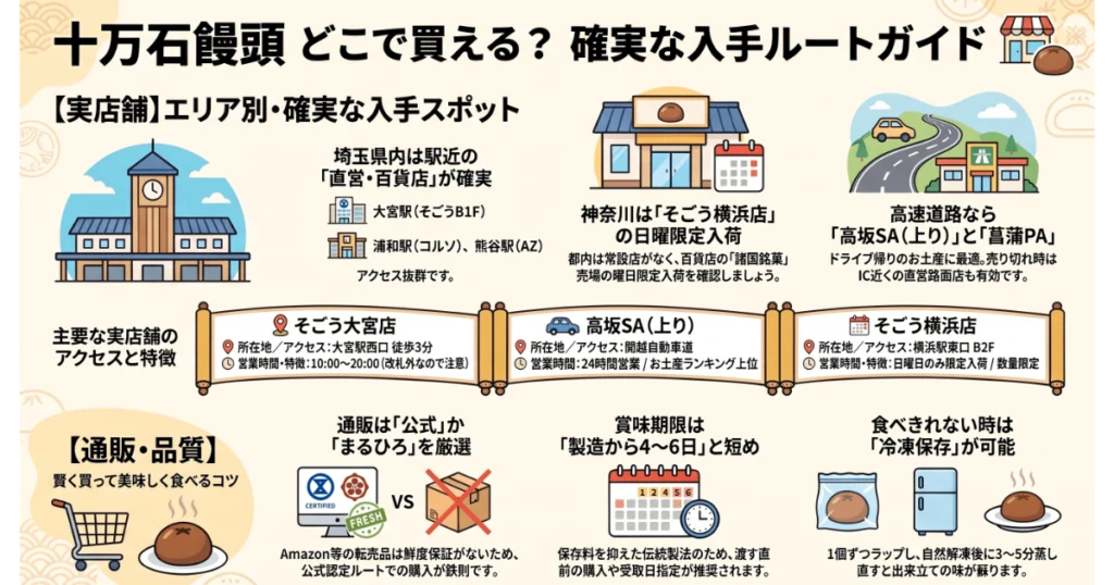 十万石饅頭の確実な入手ルートガイド。実店舗エリア別のスポットや通販・品質保存のコツをまとめた図解