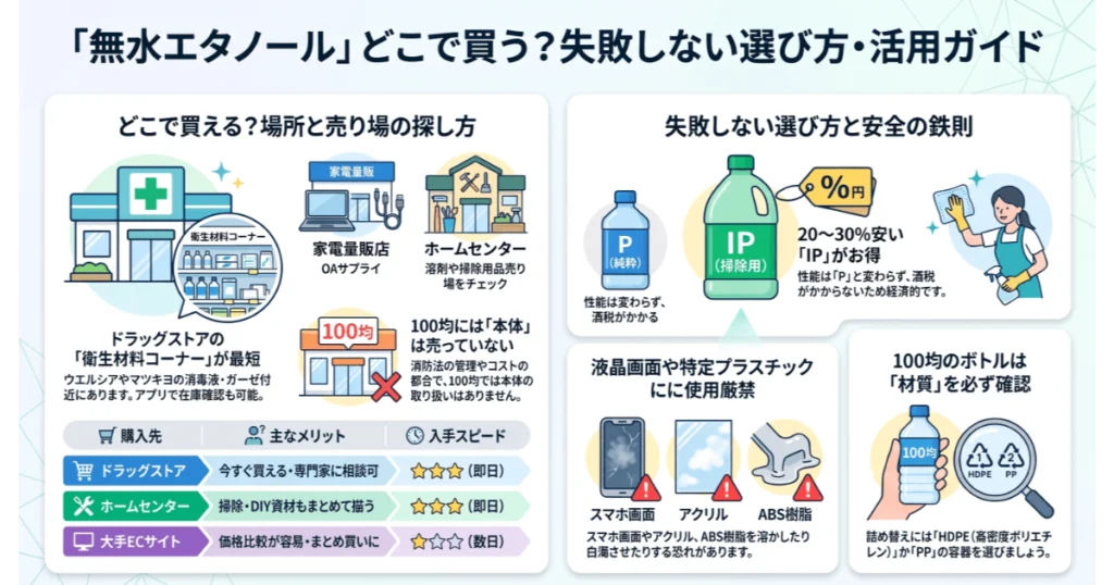 無水エタノールはどこで買えるかの購入先一覧と失敗しない選び方をまとめた総合ガイド