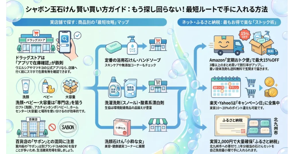 シャボン玉石けんの買い方ガイド!実店舗の探し方と楽天・Amazon通販の最短攻略チャート