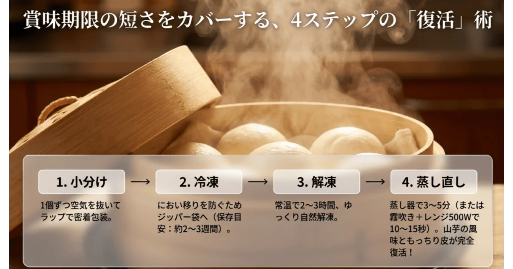 十万石饅頭の賞味期限対策。小分け・冷凍・解凍・蒸し直しの美味しさ復活4ステップ解説