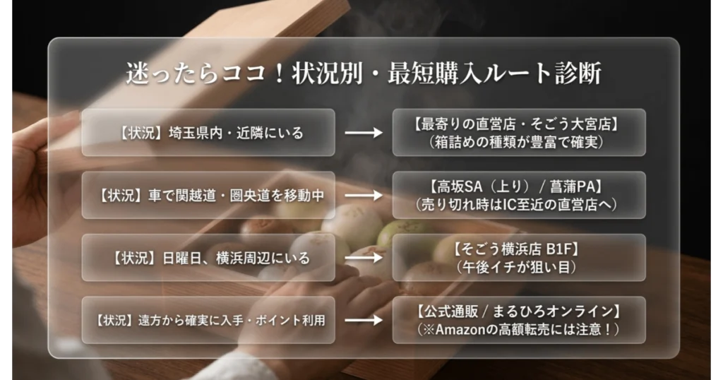 迷ったらココ!状況別・最短購入ルート診断。そごう大宮店や高速SA、公式通販などの選び方
