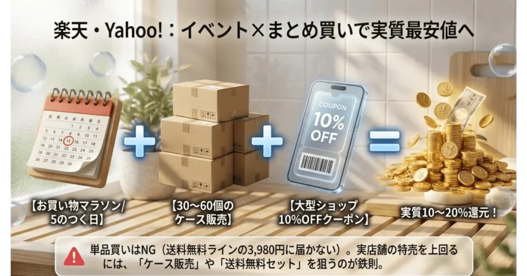 楽天やYahoo!ショッピングでシャボン玉石けんをまとめ買い・イベント活用で実質最安値にする方法