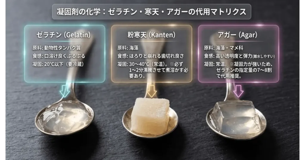 ゼラチン・粉寒天・アガーの原料・食感・固まる温度の違いと代用比較表