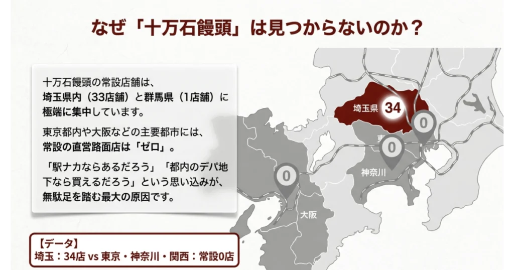 なぜ十万石饅頭は見つからないのか?埼玉34店に対し東京・神奈川・関西は常設0店という出店マップ