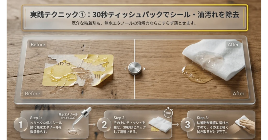 無水エタノールを使った30秒ティッシュパックでの値札シール・粘着剤の落とし方手順