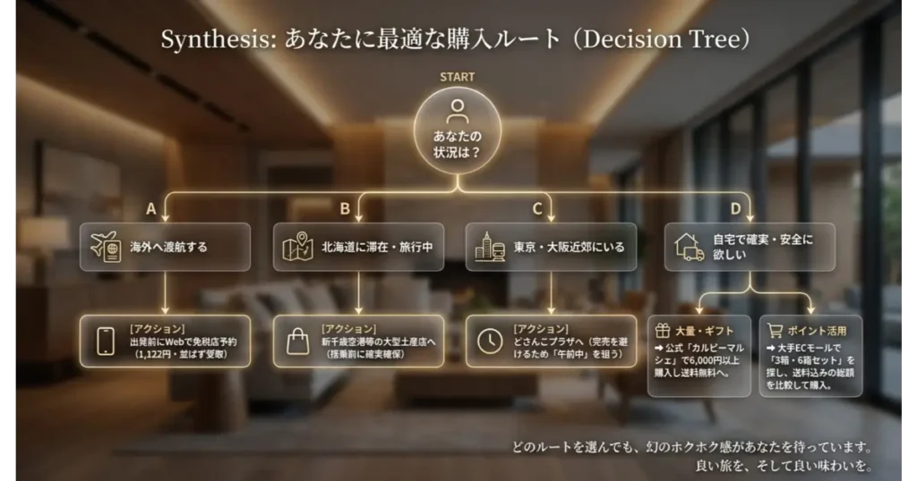 あなたに最適なじゃがポックル購入ルート診断チャート(空港・アンテナショップ・公式通販・ECモール)