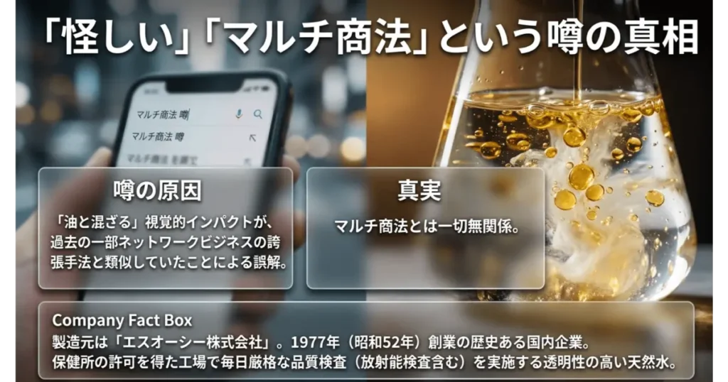 温泉水99がマルチ商法や怪しいと噂される原因と製造元エスオーシー株式会社の企業実態