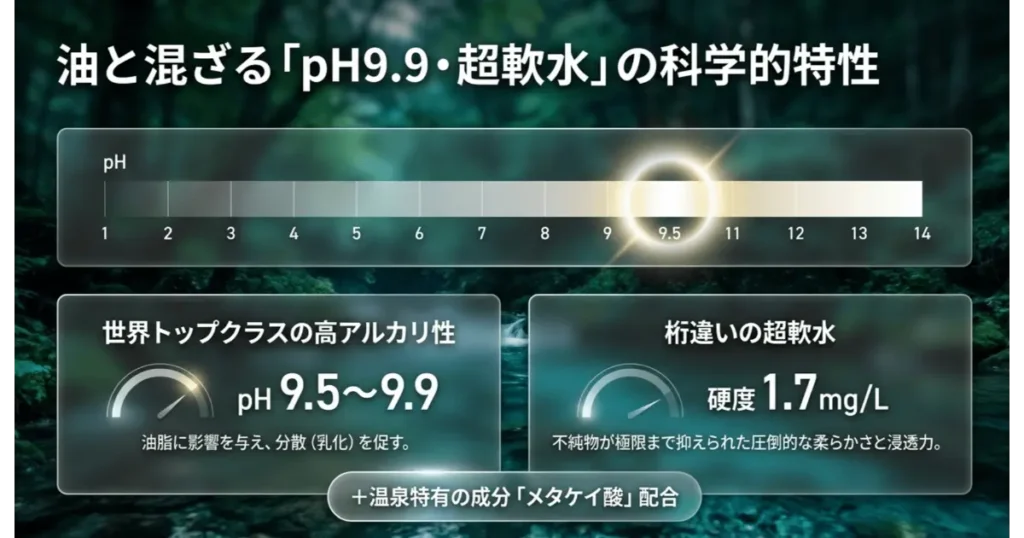 温泉水99のpH9.9高アルカリ性と硬度1.7mgの超軟水・メタケイ酸の科学的特性解説