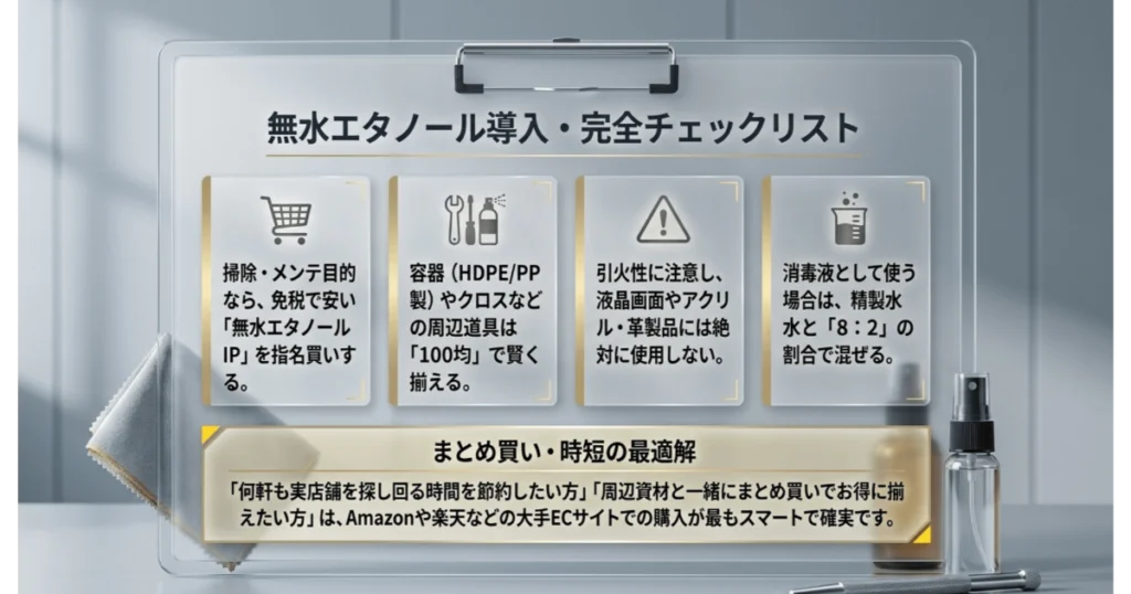 無水エタノール導入の完全チェックリスト(IPの選び方・100均容器・注意点・通販活用)