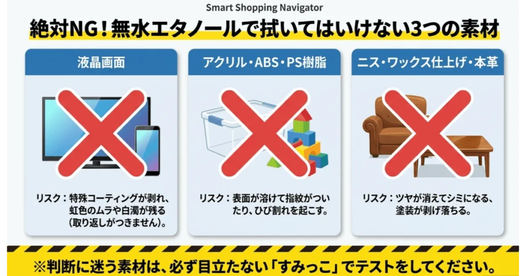 無水エタノールで絶対に拭いてはいけない3つの素材(液晶画面・樹脂・革製品とニス塗装)
