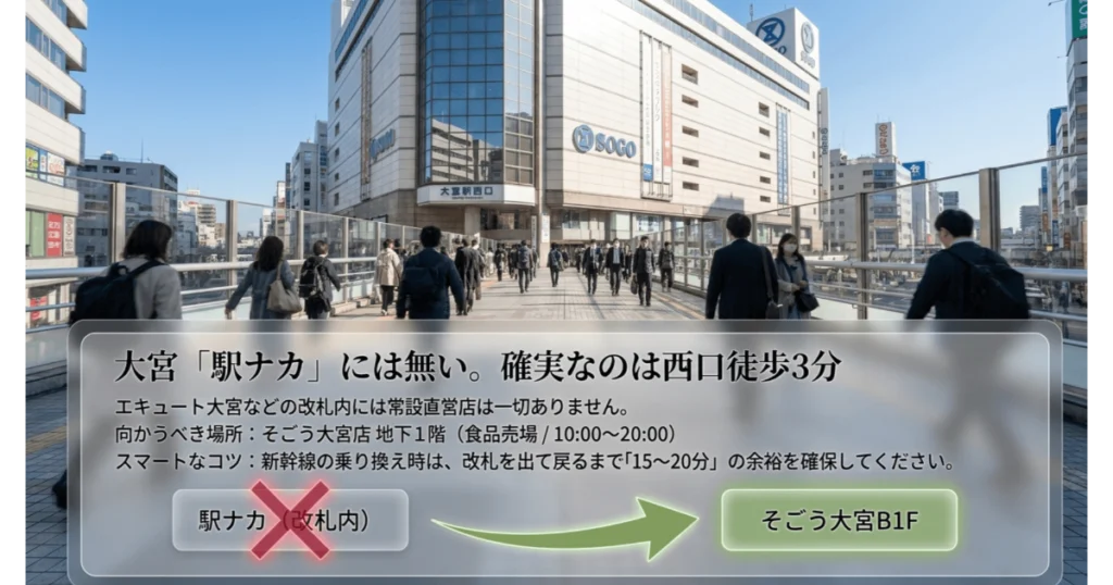 そごう大宮店とペデストリアンデッキの様子。大宮駅ナカにはなく西口徒歩3分の地下1階食品売場へ行く案内の解説図