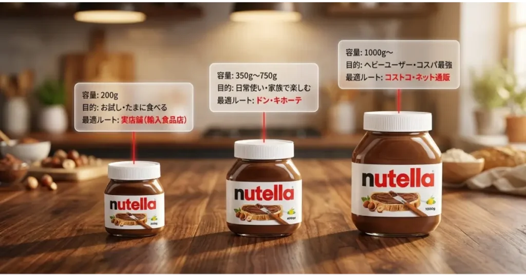 ヌテラの容量別サイズ（200g・小瓶、350〜750g・中瓶、1000g・大容量ボトル）の比較とおすすめの購入先