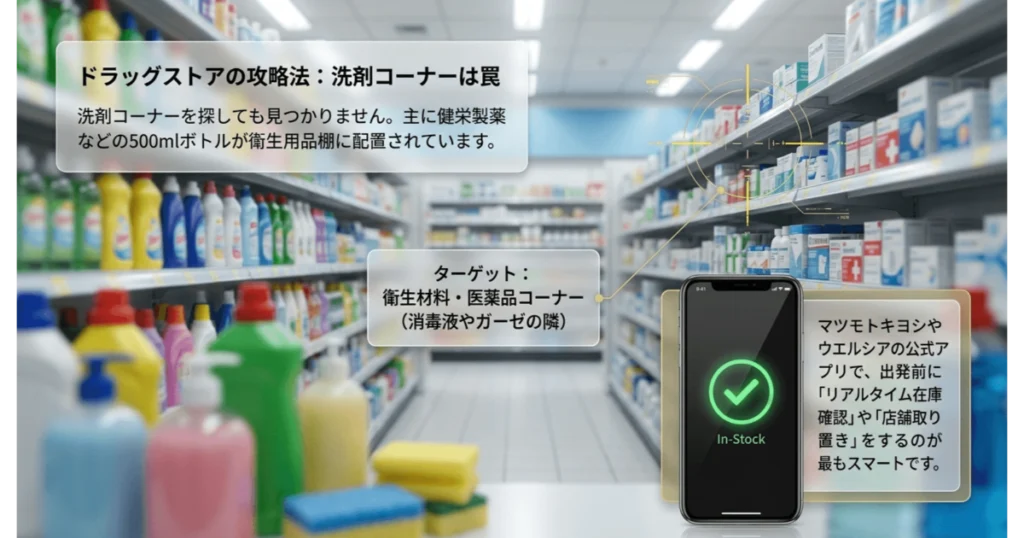 ドラッグストアの衛生材料・医薬品コーナーにある無水エタノールと公式アプリの在庫確認