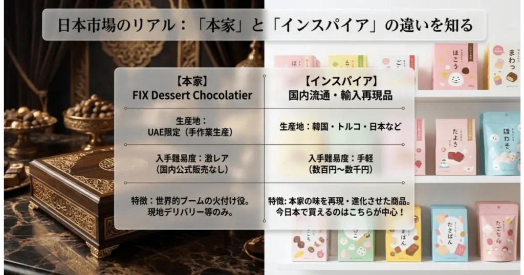 ドバイチョコ本家FIXと日本国内で買えるインスパイア系商品の違い・比較表