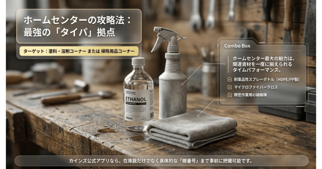 ホームセンターの塗料・掃除用品売り場で揃う無水エタノールと耐薬品スプレーボトル