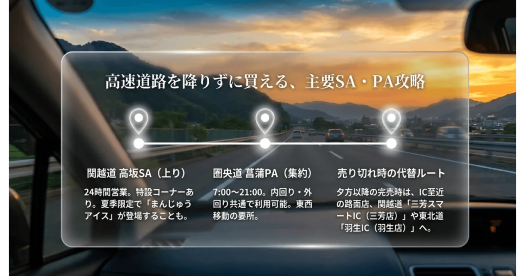 高速道路を降りずに十万石饅頭が買える関越道高坂SAや圏央道菖蒲PAの攻略情報