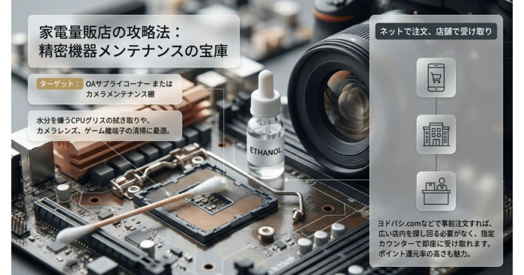 家電量販店のOAサプライコーナーで買える精密機器メンテナンス用の無水エタノール