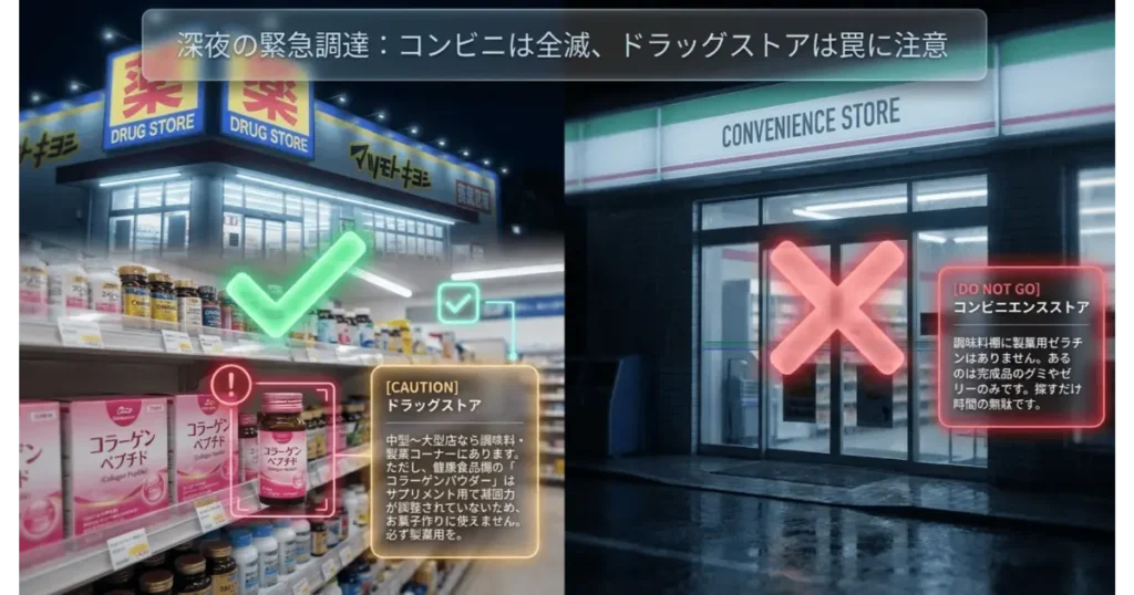 夜間にゼラチンを買う際のコンビニ(取扱なし)とドラッグストアの比較