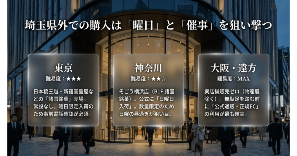 埼玉県外の東京・神奈川・大阪で十万石饅頭を買うための曜日限定入荷や催事の難易度比較案内