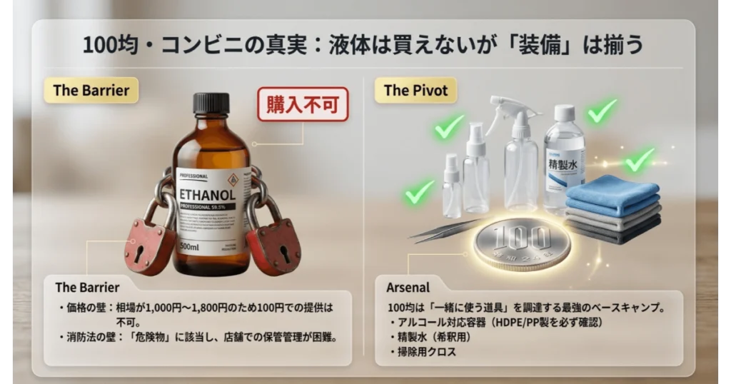 100均では無水エタノール本体は買えないが耐薬容器や精製水などの道具が揃う解説画像