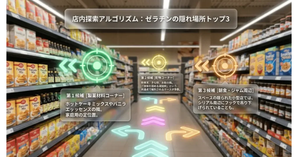 スーパー店内でゼラチンが置かれている売り場トップ3(製菓材料・乾物・ジャム周辺)