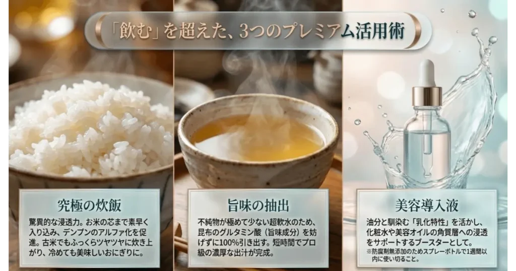 飲むだけではない温泉水99の3大活用術(究極の炊飯・出汁の旨味抽出・美容導入液ブースター)