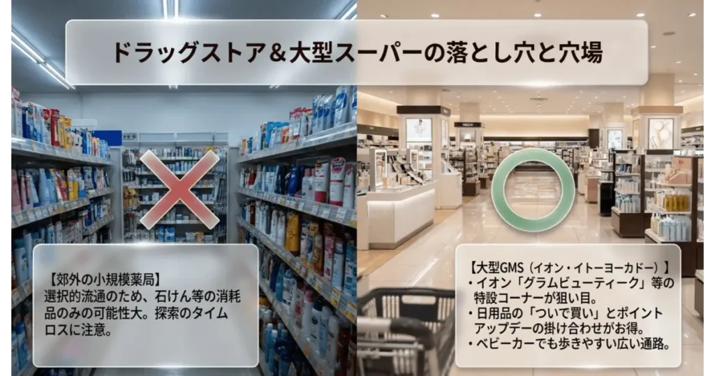 ドラッグストアでの品薄注意とイオンなど大型GMSコスメコーナーの比較