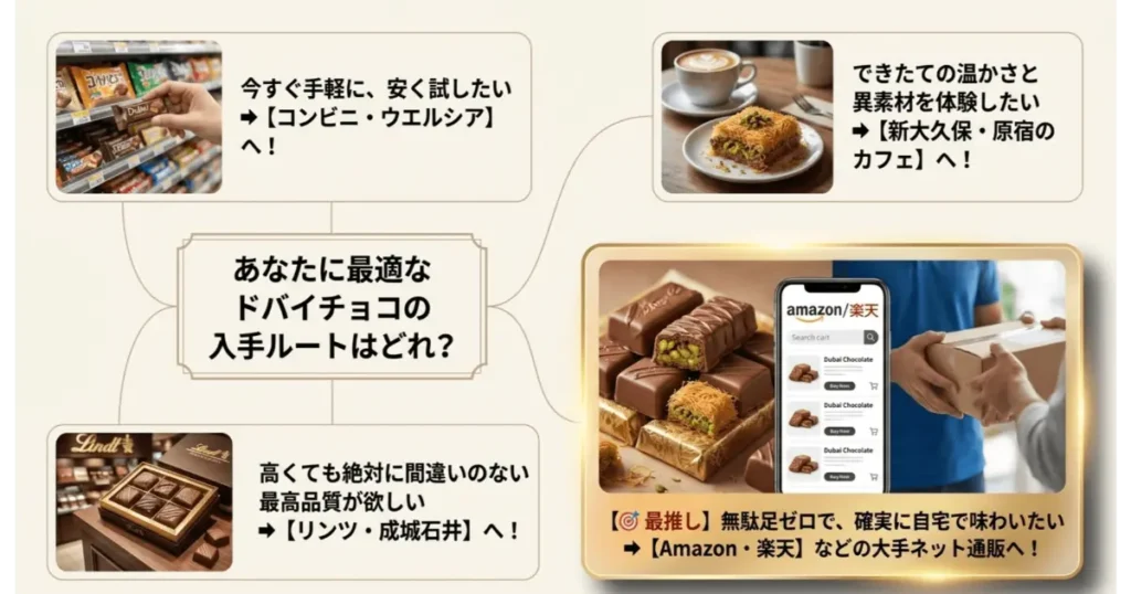 あなたに最適なドバイチョコの入手ルート比較チャート(コンビニ・カフェ・通販・専門店)