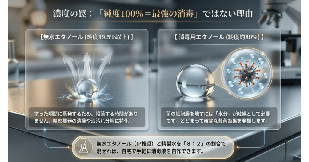 無水エタノールと消毒用エタノールの濃度と殺菌効果の違い(精製水8対2の希釈方法)