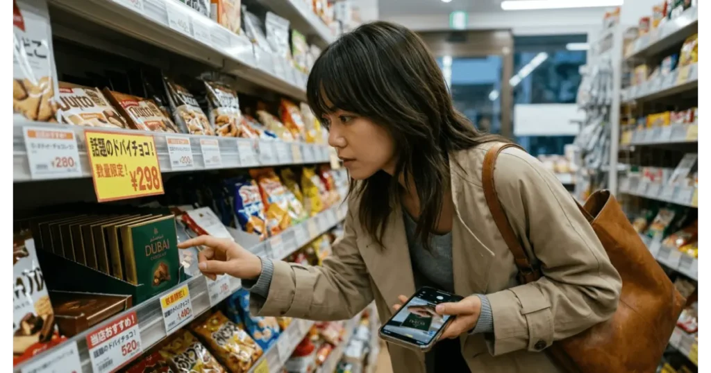 コンビニのお菓子売り場でドバイチョコを探す女性の様子