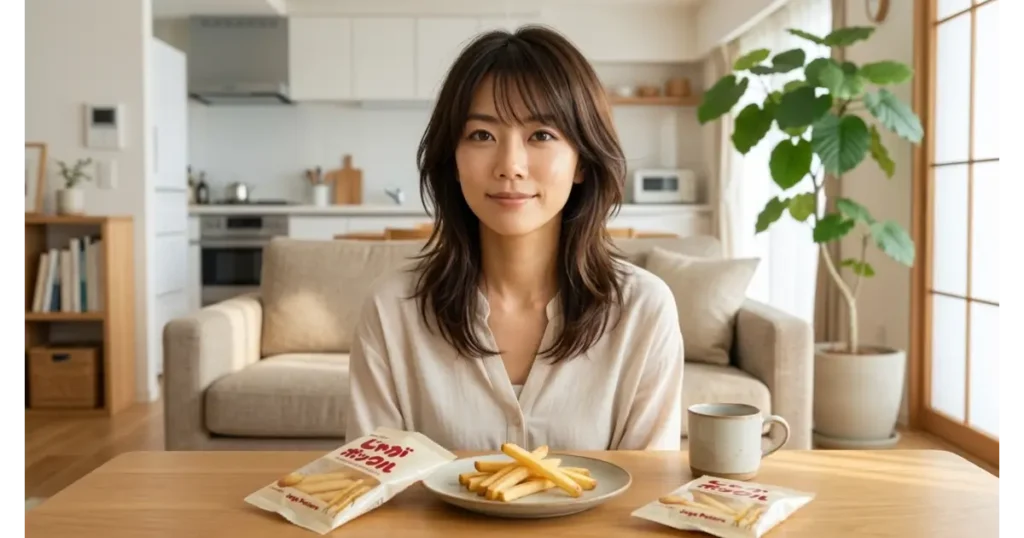 自宅リビングのテーブルに並べられたじゃがポックルとお茶を楽しむ女性の様子