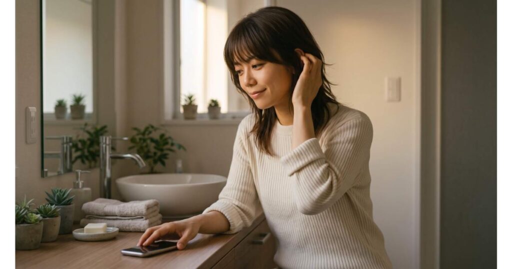 自宅の洗面所でスマートフォンを使ってシャボン玉石けんのネット通販や在庫を確認する女性