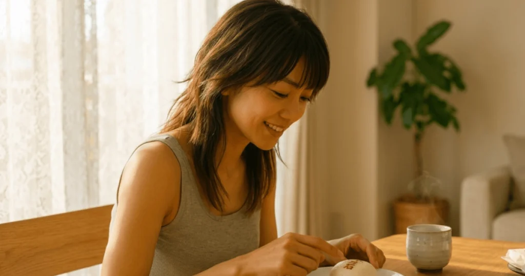 お茶と一緒に十万石饅頭を楽しむ女性のリラックスしたティータイム風景