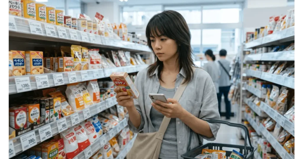 スーパーの製菓材料売り場でスマホを見ながらゼラチンを選ぶ女性
