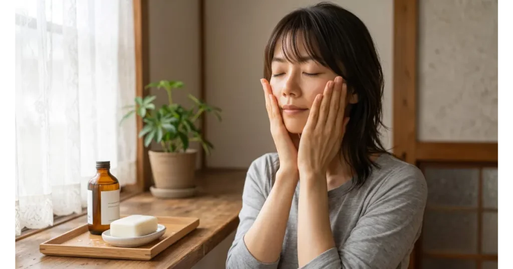 松山油脂の石けんとスキンケアアイテムを使って潤いを実感する女性